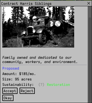 "Family owned and dedicated to our community, workers, and environment." The contract is listed as proposed. The mount is "$185/mo." For size, "95 acres." Then for Sustainability, "Restored". Under the image, Accept and Reject.