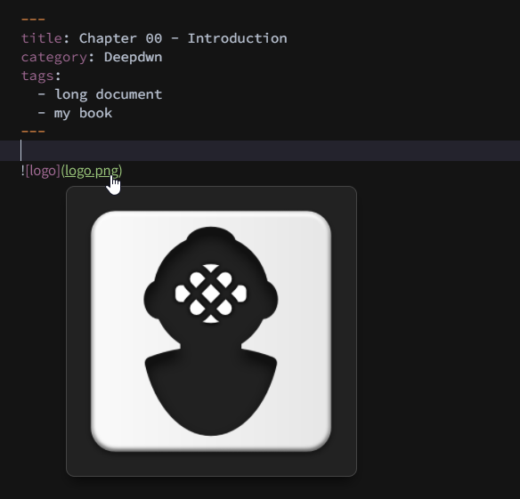 Cursor hovering over markdown image tag, with image popup of the Deepdwn logo