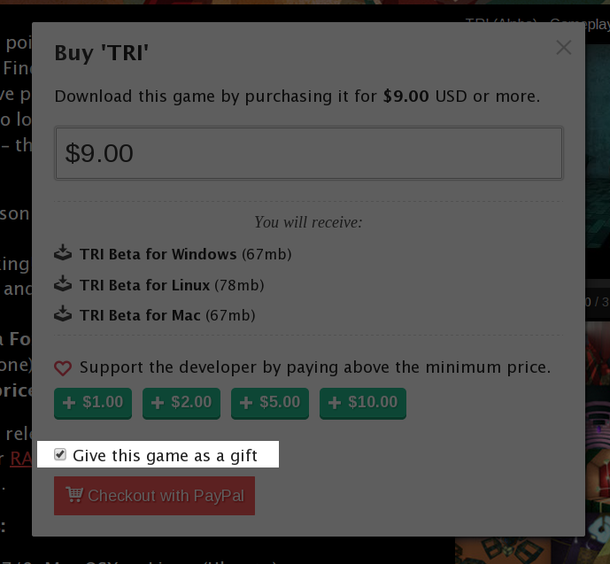 itch.io gift giving checkbox example