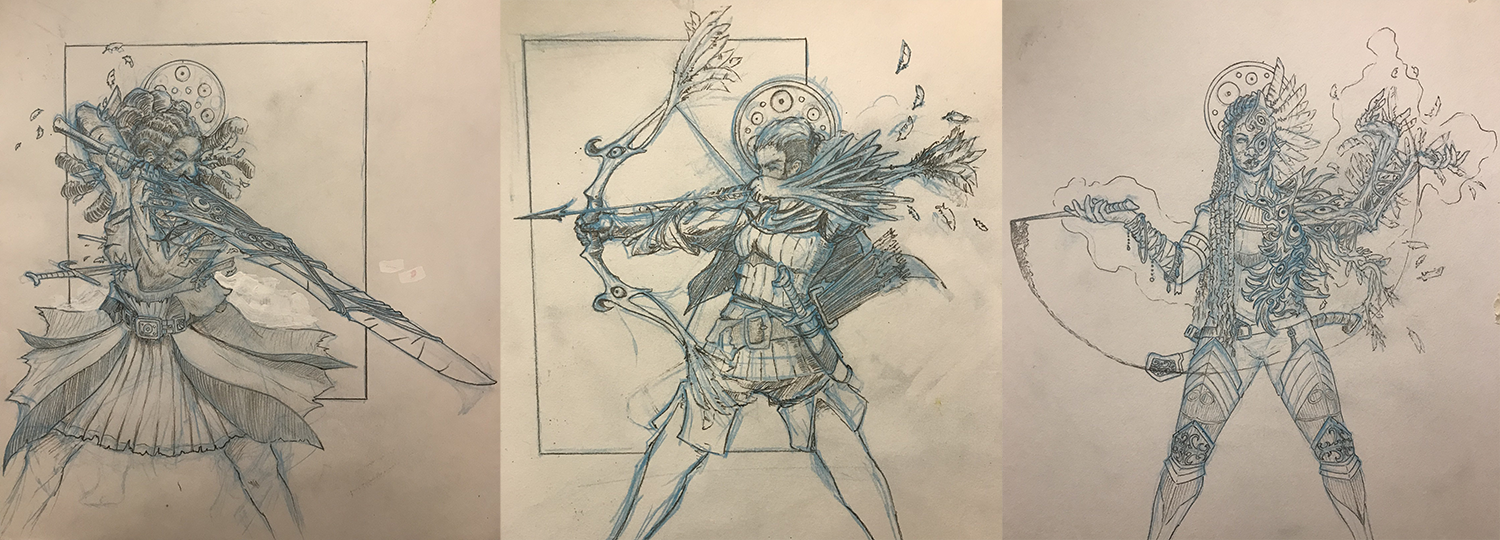 Sketches of character art for the game.