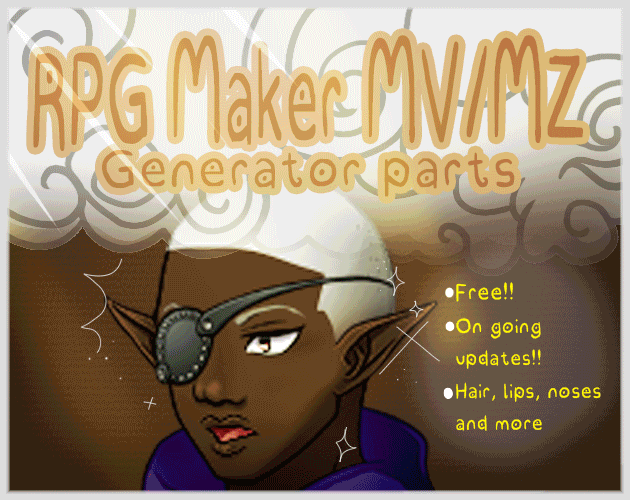 Fantasy character with dark skin, white hair, eyepatch, and pointed ears, with stylized text and feature list.