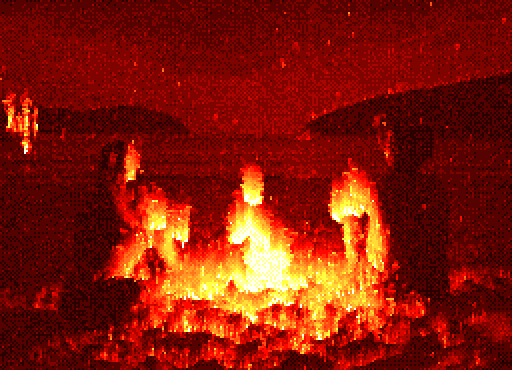 animated boy and girl near burning bonfire, looking at sea GIF conversion result mode1