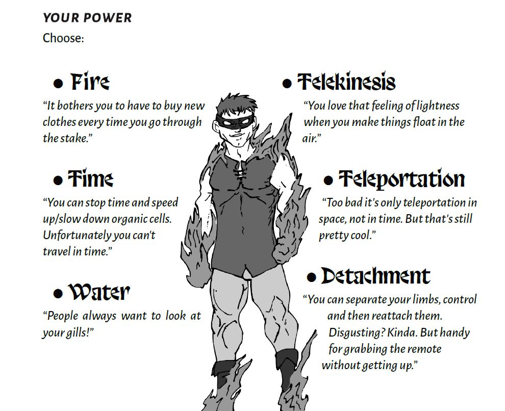 Screenshot of the page listing the 6 powers you can choose for your character: Fire, Time, Water, Telekinesis, Teleportation and Detachment.
