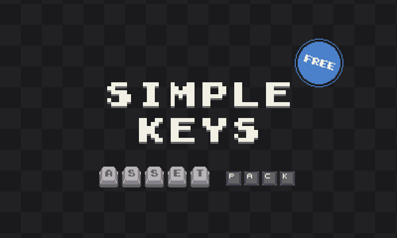 SIMPLE KEYS
ASSET PACK
FREE Pixel art banner with 'SIMPLE KEYS' and 'ASSET PACK' on keyboard keys, blue 'FREE' badge in corner.