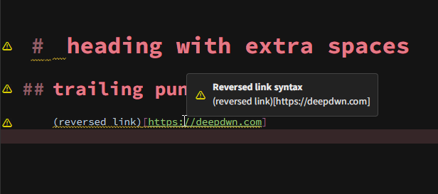 Markdown with some formatting errors with highlighted with underlines and warning icons. Error details appear in a popup when hovering over them