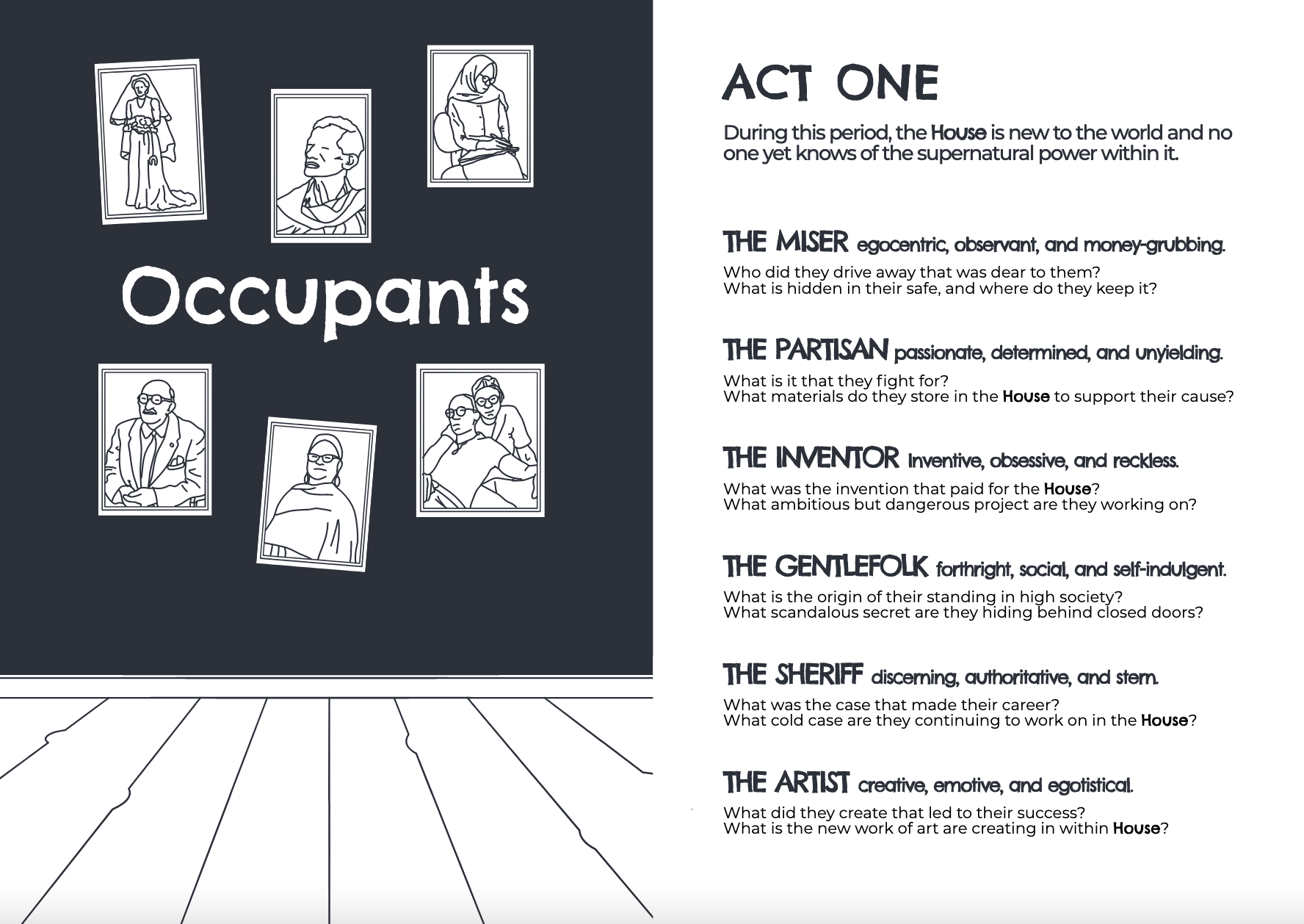 A spread from the pdf. The left page is a section is titled 'occupants' with simple art of portraits on a wall. The right page describes 'Act One' and 6 occupants that you can choose from. 