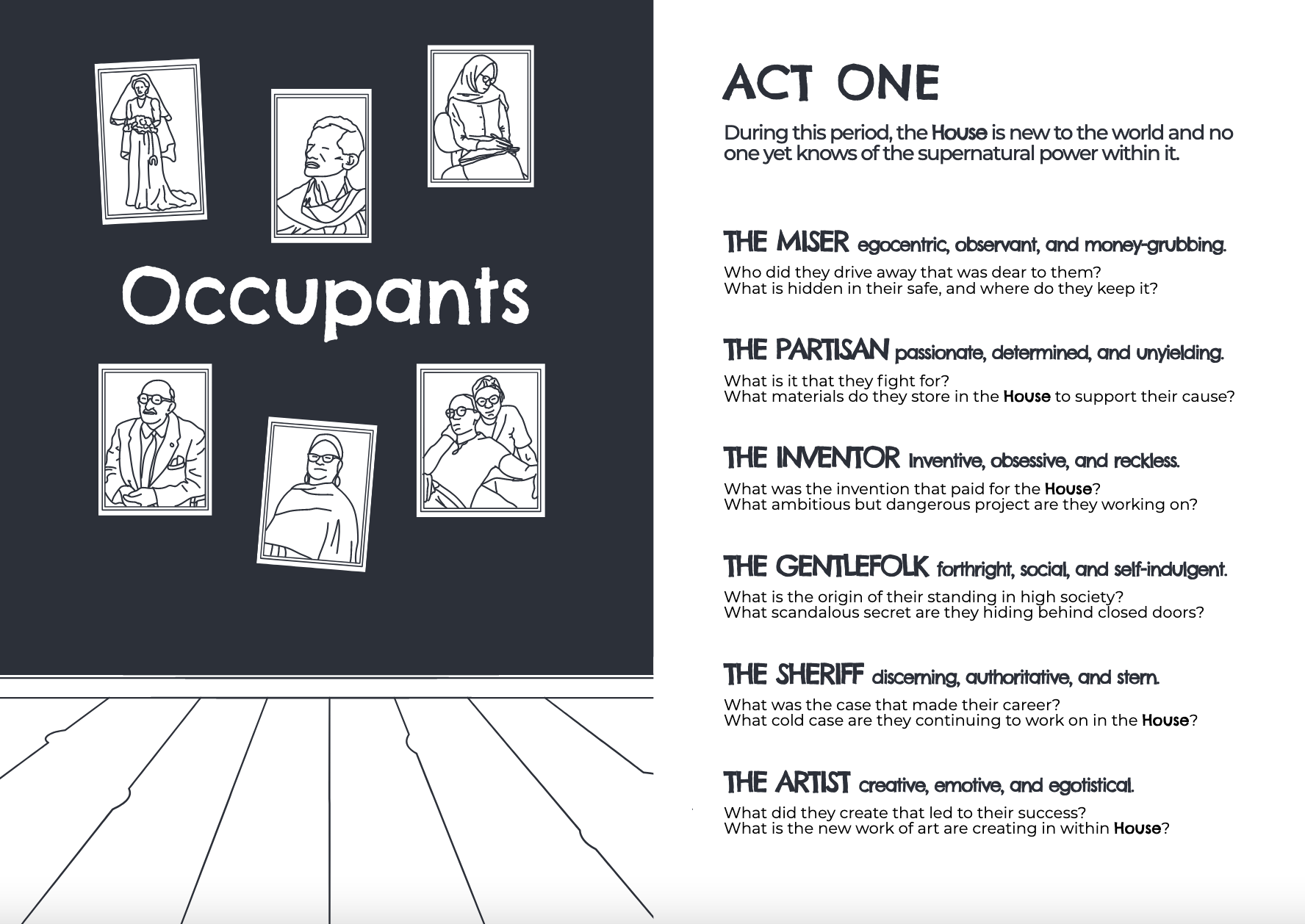 A spread from the pdf. The left page is a section is titled 'occupants' with simple art of portraits on a wall. The right page describes 'Act One' and 6 occupants that you can choose from.