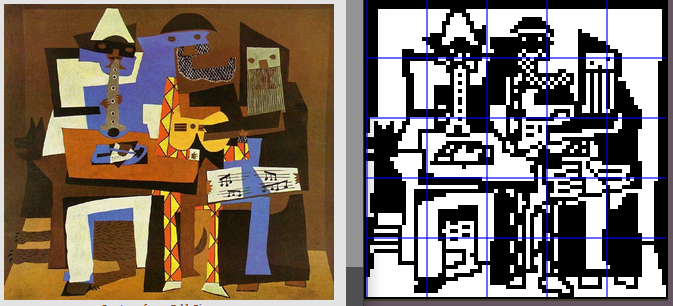 Three Musicians by Pablo Picasso, real vs. low pixel version