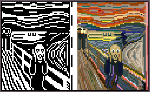 The Scream by Edvard Munch, low pixel black and white vs. color