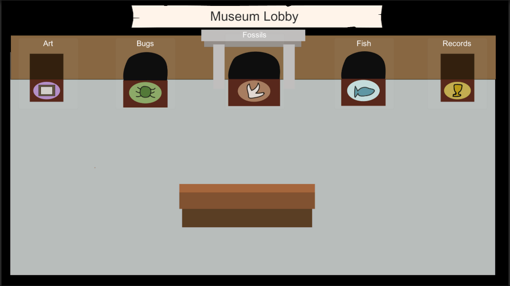 Mockup of a museum lobby with five doors leading to Art, Bugs, Fossils, Fish, and Records