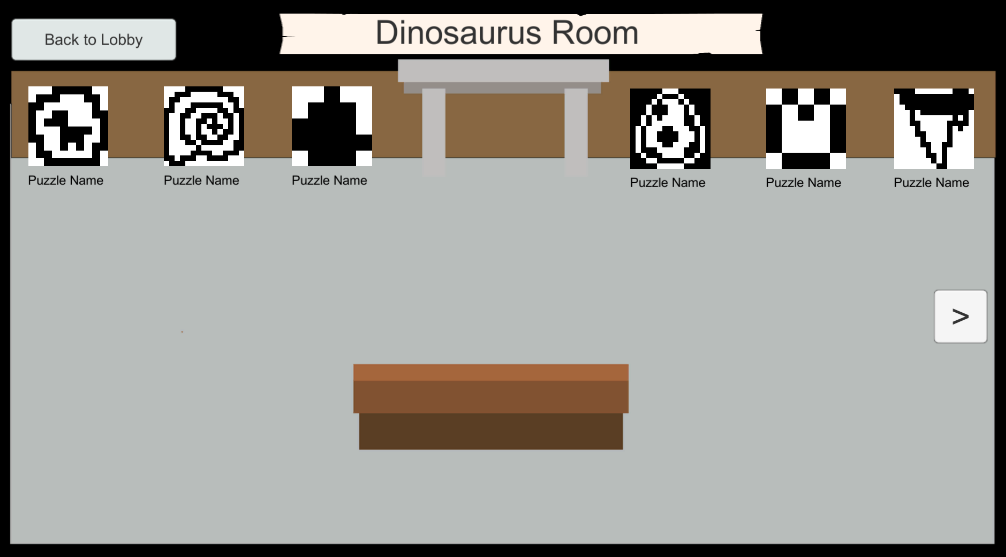 Mockup of Fossil Room with black and white puzzles, with the label "Dinosaurus Room"