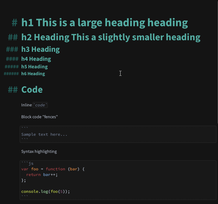 Markdown document with headings of different sizes based on heading level, code blocks and inline code with outlines around them