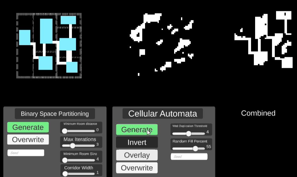 Image showing procedural generation of the maps: Black and white Pixels fill the screen and are morphed into shapes that resemble islands and squares