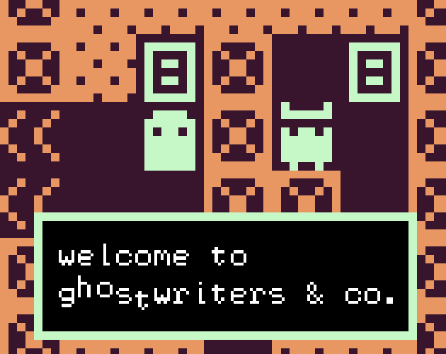 Image du jeu, on voit 2 personnages, dont 1 fantôme. Dans l'encadrer on voit le texte 'Welcome to ghostwriters & co'