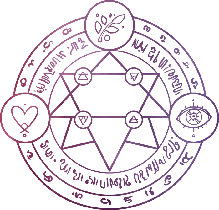 A magical circle with three symbols representing the three stages of healing: Safety, Awareness and Meaning.