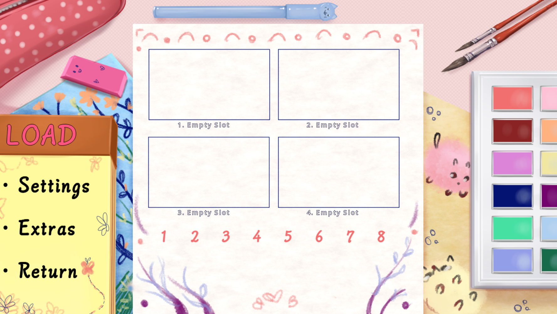 New load screen. The page looks like a sketchbook on a colorful table. The buttons are set over a notepad and have an average size on the left corner. There are paintings, brushes, and random materials scratched around.