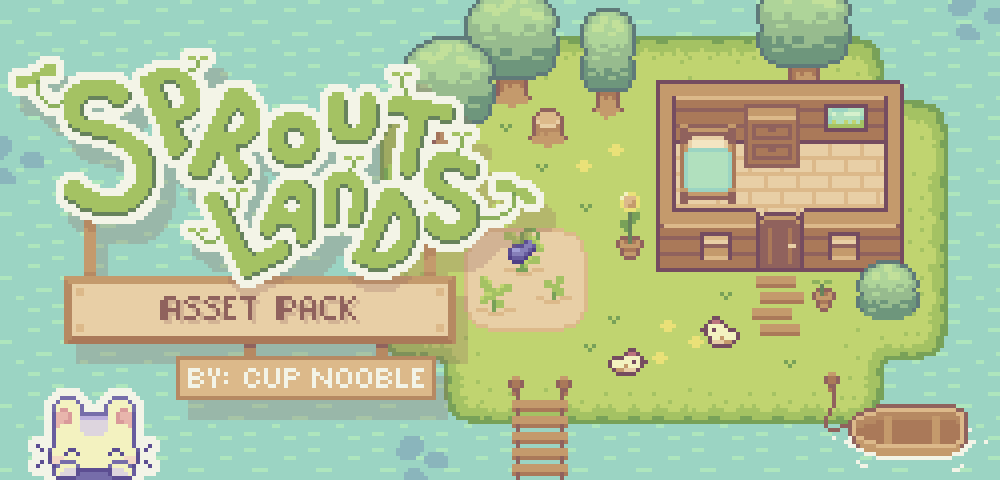 Pixel art island with a house, garden, trees, chickens, dock, and a boat, plus large text reading 'Sprout Lands'.