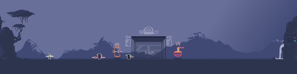 Pixel art game scene with characters, a central scoreboard, steaming coffee and soup icons, and a mountain background.