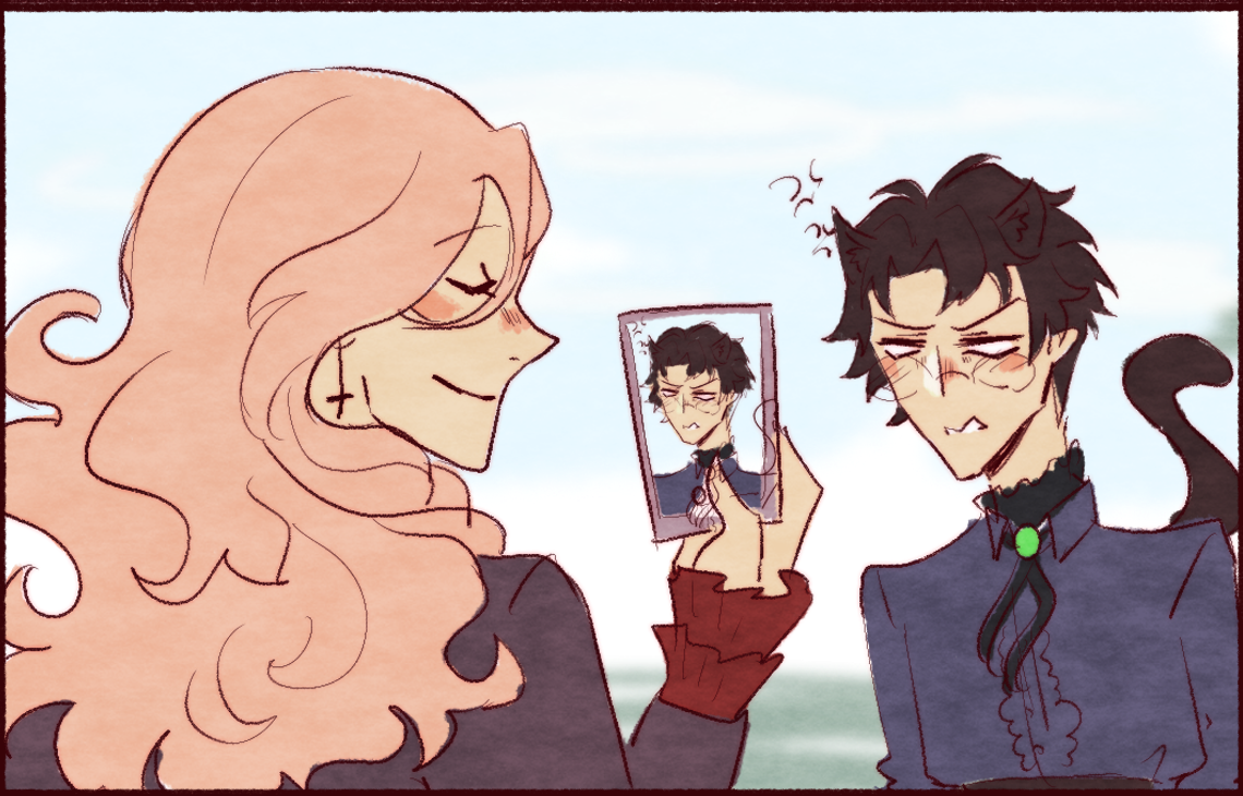 Eli, dressed as the vampire Eliot, is taking a picture of Fabian wearing cat ears. Fabian is embarrassed and angry.
