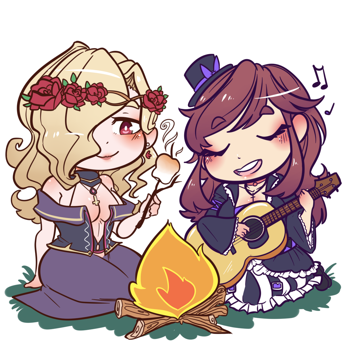 Miss Sin and Ame at a campfire