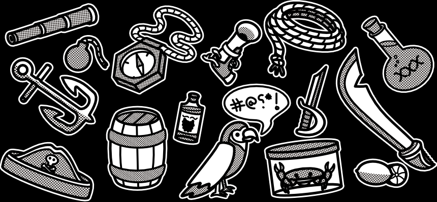 Illustrations of lots of small pirate-related objects such as a parrot, cutlass and pirate hat.