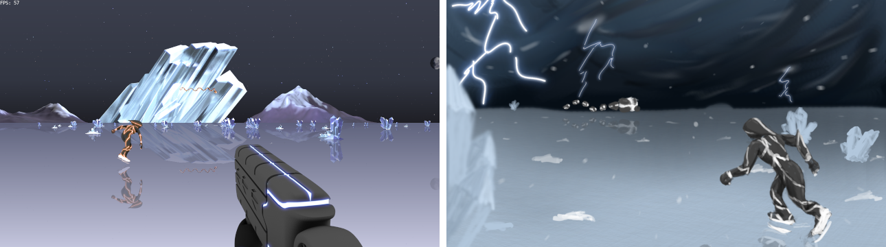 A screenshot showing FLAT's night environment next to the concept art it's based on