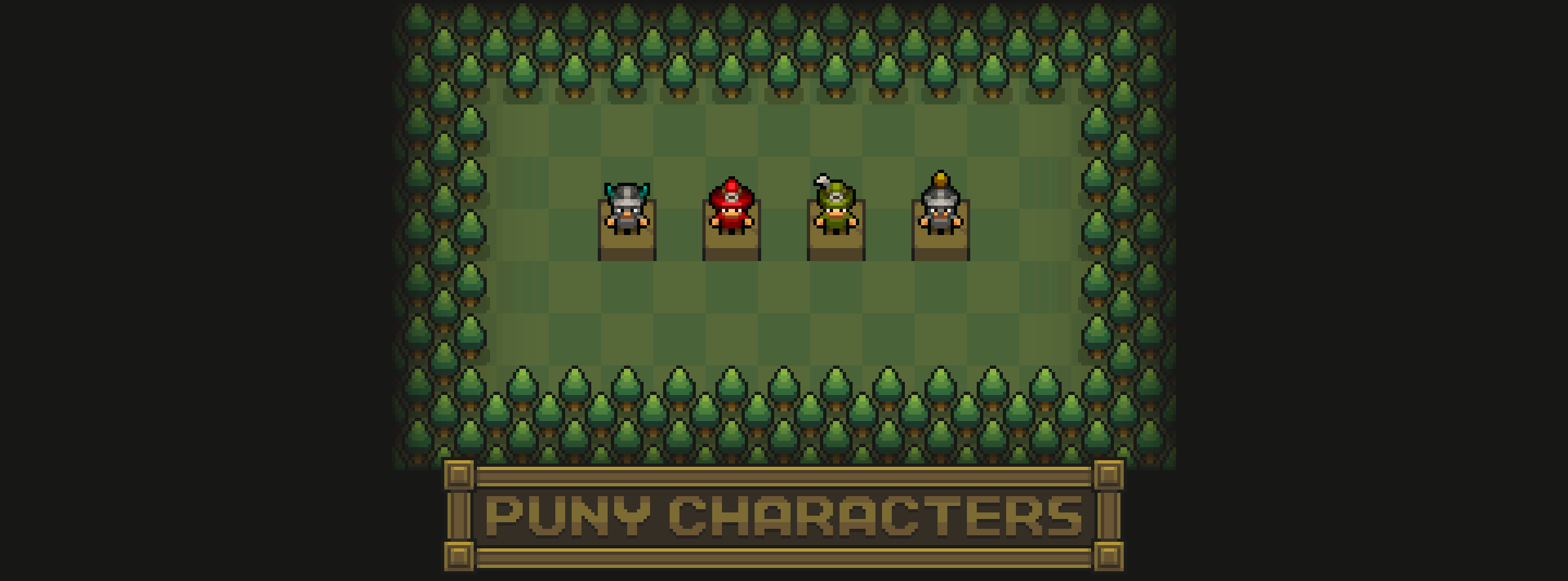 Pixel art of four small characters standing in a forest clearing, with the text 'PUNY CHARACTERS' below.