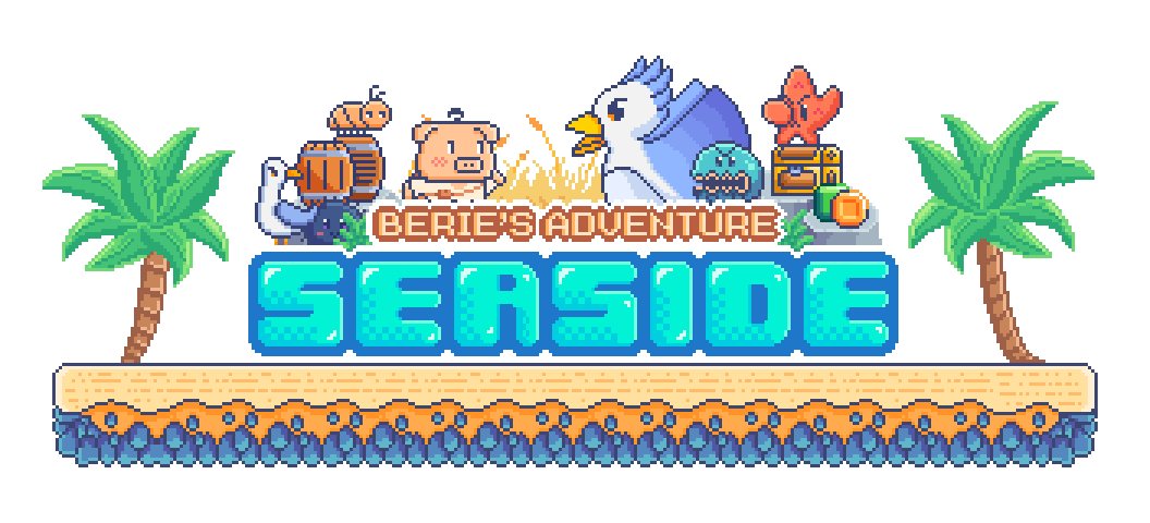 Pixel art logo with animals, palm trees, treasure chest, and text 'Berie's Adventure Seaside' on a sandy platform.