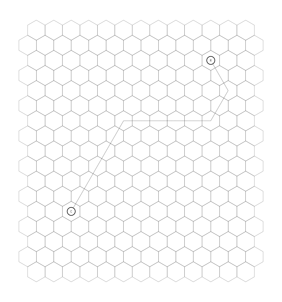 A hex grid with a circle with C on it, a circle with R on it, and a dotted line between the two