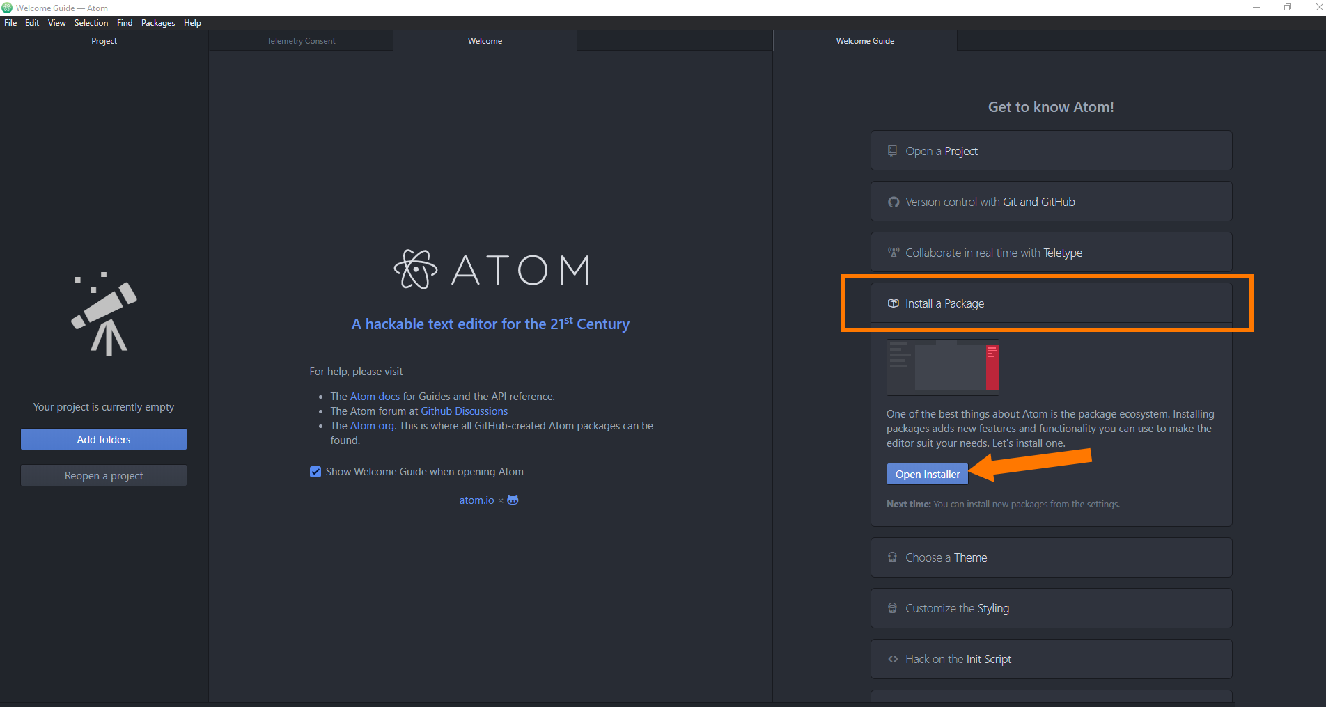 Atom's package installer tab