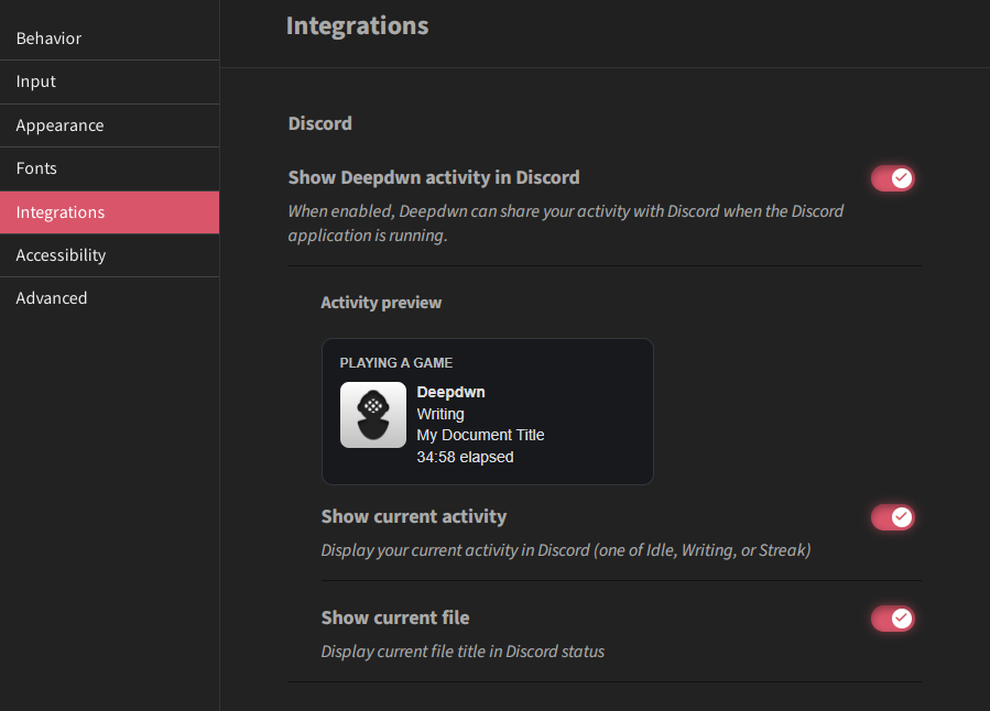 Discord configuration in Preferences with settings to toggle showing specific items in discord with a preview of the resulting display