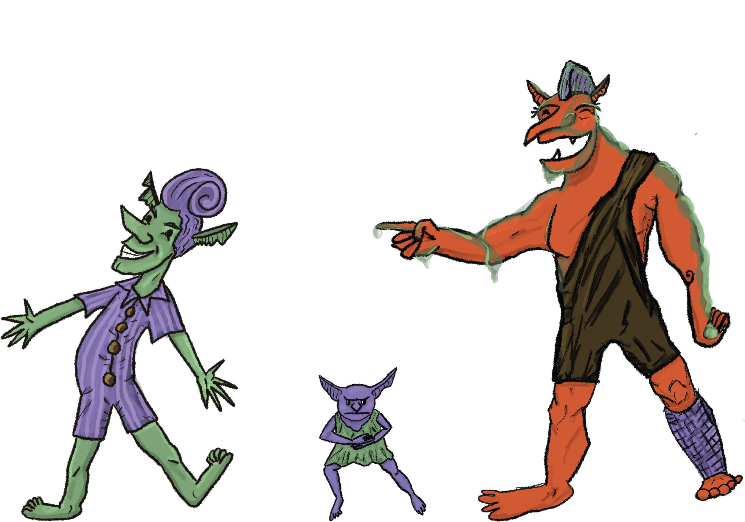 Title: A TTRPG Jam By and For Goblins, then below, images of three goblins, Scrungo (stylish, grungy & jubilant), Grekkin (tiny, graceful & pensive) & Berilla (loud, slimey & mischievous)