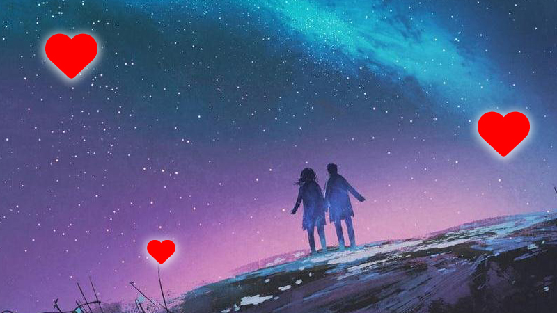 Landscape image of two lovers hand in hand over a sci fi horizon with lovehearts