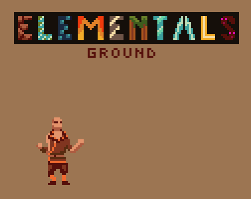 Pixel art of a bald character in brown clothing under the colorful title 'Elementals Ground' on a tan background.