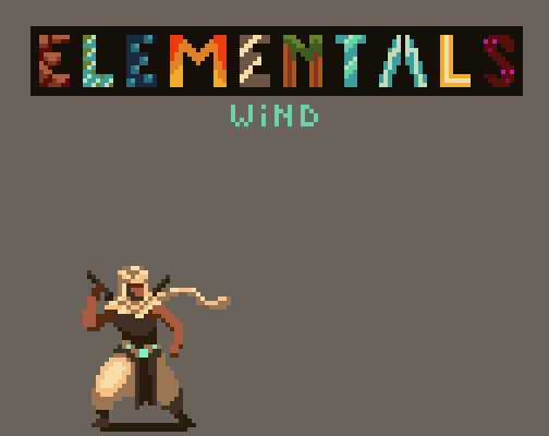 Pixel art character with flowing hair and scarf stands below colorful 'Elementals' title and 'Wind' text on gray background.