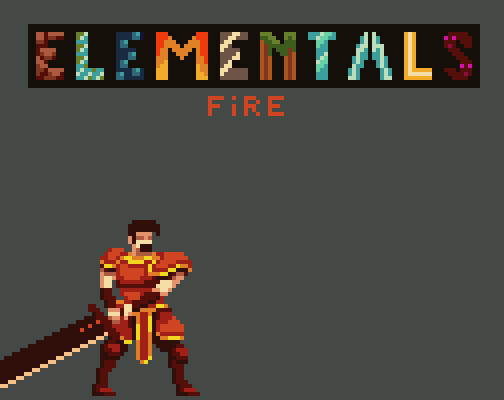 Pixel art of a warrior in red armor with a large sword, under the title 'Elementals Fire' on a gray background.