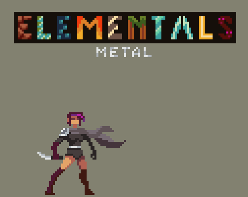 Pixel art of a character in armor with a sword and scarf, under the title 'Elementals Metal' on a gray background.