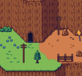 A wip screenshot of Nocti. There are tall cliff walls and a grass area that transitions to dirt. The bush and tree sprites are from other parts of the game, but there are some wip telephone poles and a wip street sign on the right side of the screen. 