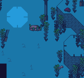 A screenshot of a wip ocean area in Nocti. The ground is a dark blue, and there are dark blue numbers placed around. In the top left corner is a circle with notches in the cardinal directions and the right side of the image shows some wip cliff and seaweed sprites. 