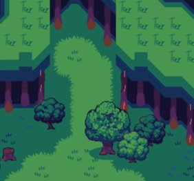 A screenshot of a wip area. The walls are a tree canopy, but the lightest green tiles have the text "tree" on them. There are some smaller trees near the bottom lower part of the image.  