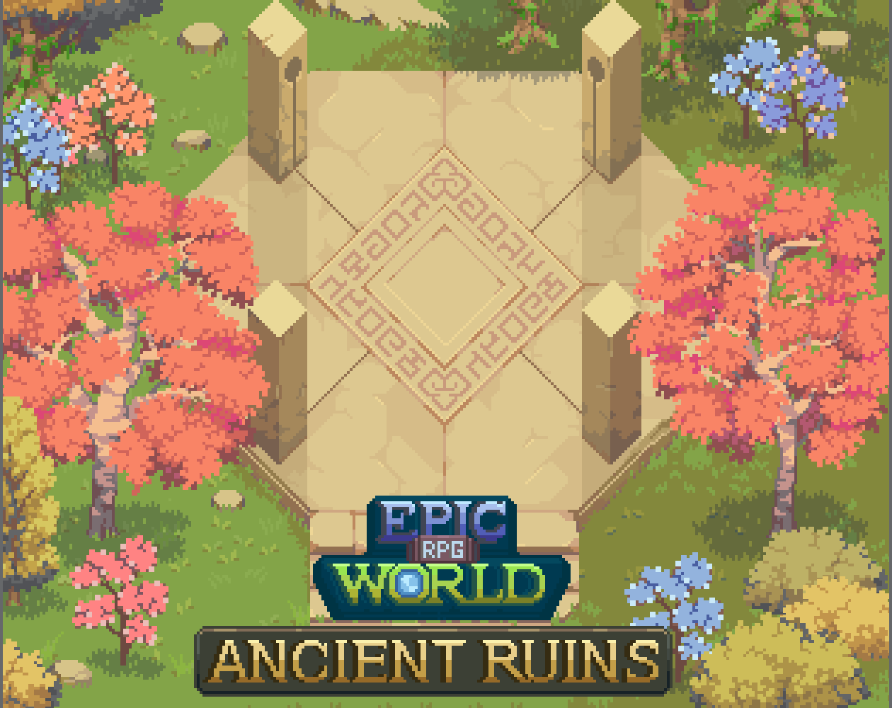 Pixel art cover with stone ruins, four pillars, autumn trees, and the title 'Epic RPG World: Ancient Ruins' at the bottom.