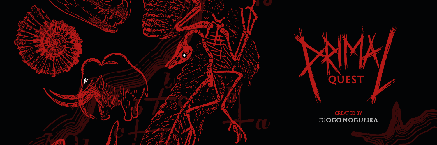 Primal Quest Logo in bright red over a black background with fossils.