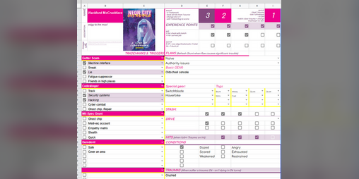 Cover image for Neon City Overdrive, Google Character Sheet