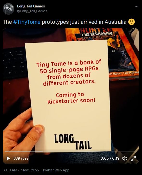 Picture of the cover of this A5-size book, we can read 'Tiny Tome is a book of 50 single-page RPGs from dozens of different creators, Coming to Kickstarter soon!'