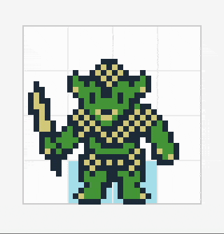 An animated GIF of a goblin pixel art sprite doing an idle animation. The goblin is dark green skinned, wearing gold-toned armour, and carrying a gold knife. The idle animation has the goblin tap their foot and wiggle their arms.