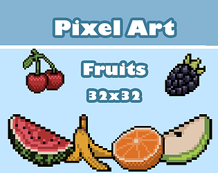 16px top-down fruits icons set, pixel art, peach, watermelon