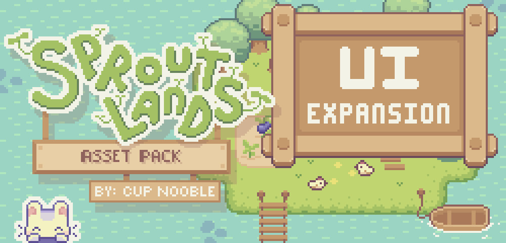 Pixel art banner with 'Sprout Lands' logo, wooden sign reading 'UI Expansion', island, dock, and small animals.