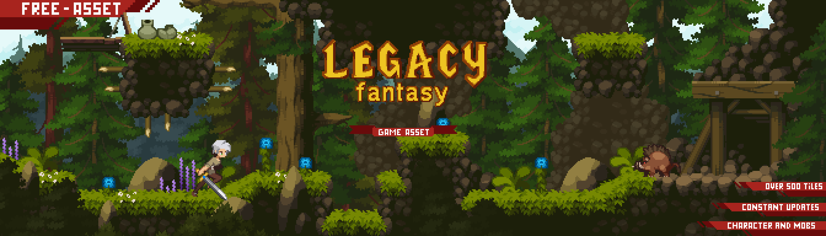 Pixel art forest platformer scene with a sword-wielding character, wild boar, and "Legacy Fantasy" game title.