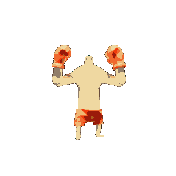 An in-game sprite of Combo -- a large, white humanoid with an exaggerated upper body, tiny legs, and tiny black dots for eyes placed upon on his knobby head. He's wearing red boxing gloves and shorts, and is standing in a victorious pose, with both his hands bent at the elbows and pointing upwards.