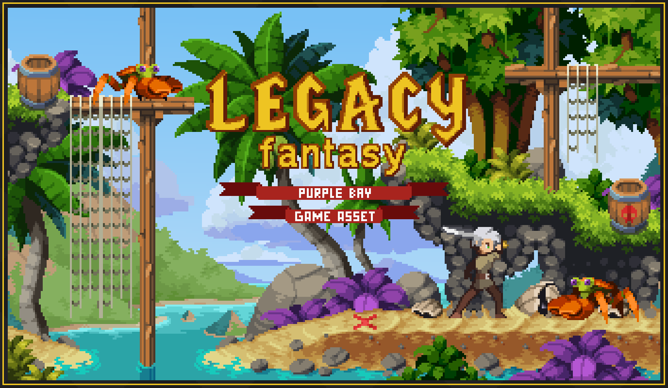 Pixel art cover with a fantasy landscape, palm trees, a hero with a sword, and large crabs on a beach.